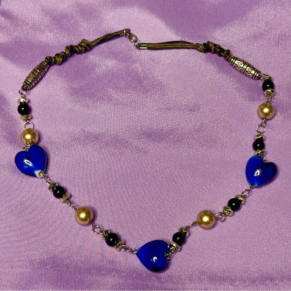 Handmade 💙 Blown Glass Blue Heart Necklace black & gold & silver color beads 20”